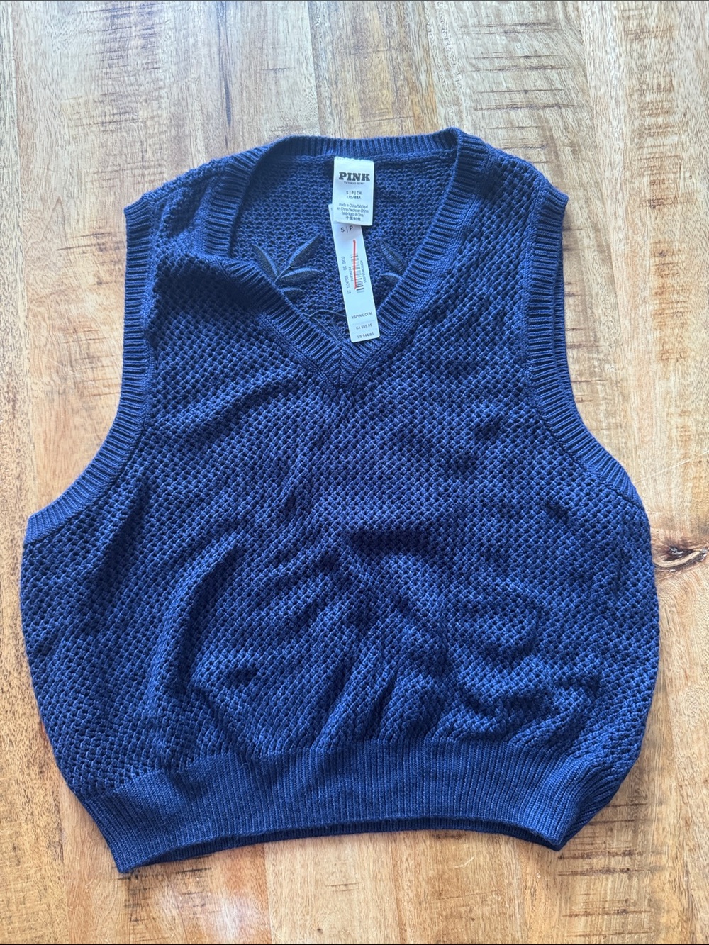 PINK Victoria's Secret Navy Textured Knit V‑Neck Varsity Vest Top NEW NWT small